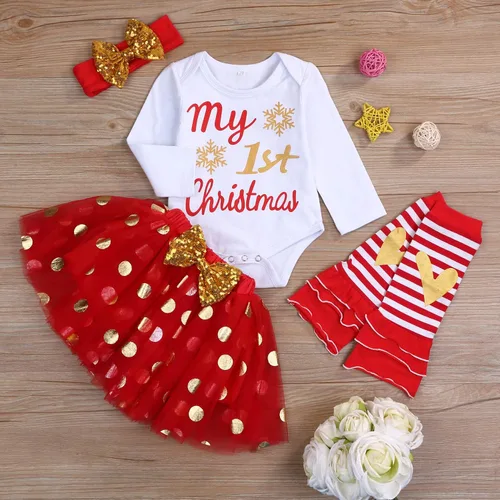 Vista 2 de GRNSHTS My First Christmas Clothes Baby Girls My 1st Christmas Romper Top+Dot Tutu Skirt+Calentadores de Piernas+Diadema Conjunto de 4 piezas