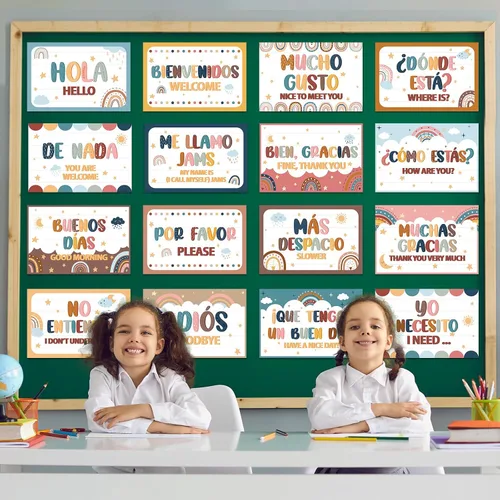 Vista 6 de gisgfim Juego de 16 pósteres de palabras y frases en español, tablero de anuncios, estudio y decoración de aula (Boho)