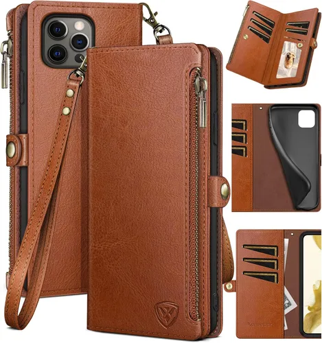 Vista 7 de XcaseBar Funda tipo cartera para iPhone 15 Pro Max de 6.7 pulgadas con cremallera para tarjetas de crédito y bloqueo RFID, funda protectora de piel