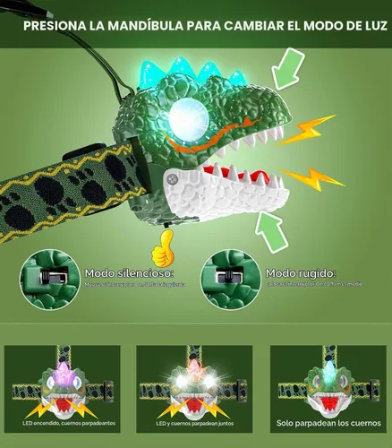 Vista 5 de Linterna de Cabeza para Niños - Linterna LED de Dinosaurio con Banda Ajustable para Niños y Niñas, 3 Modos de Iluminación - Perfecta para Acampar