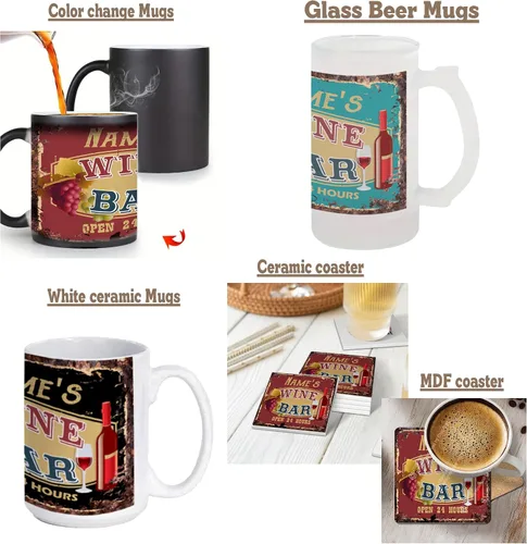 Vista 3 de ALYSSA'S WINE BAR Custom Personalized Chic Sign coaster Rustic Vintage style Retro Kitchen Bar Pub Coffee Shop Mugs Birthday Valentine's Day
