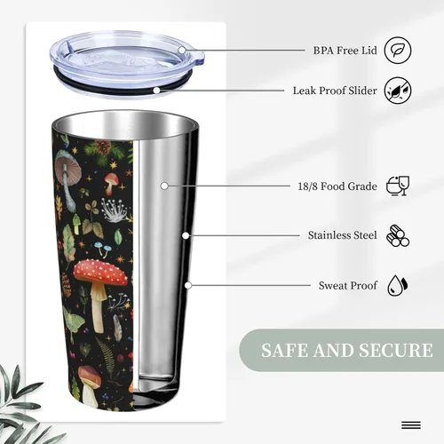 Vista 6 de Taza de hongos, taza de hongos, regalos de hongos, taza de café de 20 onzas, taza de viaje aislada con tapa a prueba de fugas, vaso reutilizable