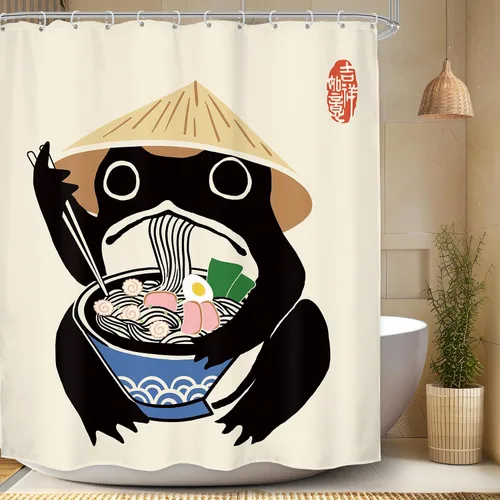 Vista 14 de Juego Divertido de Cortina de Rana Retro para Ducha, Juego de Baño 48x71 Pulgadas, Estilo Asiático Lindo, Arte Japonés Tradicional de Pato de Goma