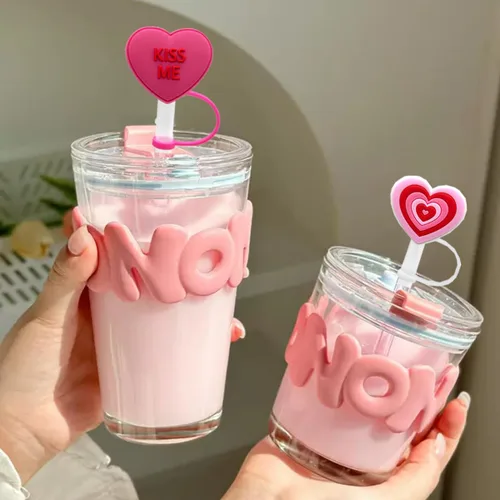 Vista 2 de 6 fundas para pajilla, 6 unidades, con diseño de corazón de silicona, para vasos con asa, protector de tapones a prueba de polvo, reutilizables
