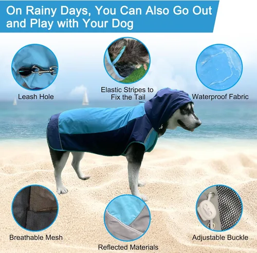 Vista 5 de Impermeable para perro, chaqueta impermeable para perro, chaqueta reflectante para perro con capucha, poncho ligero para perro, abrigo de lluvia Azul