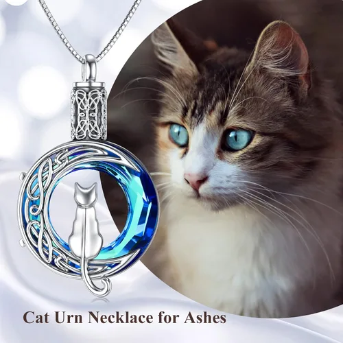 Vista 5 de TOUPOP Joyería de cremación de gatos para cenizas, collar de urna de luna de gato que sostiene cenizas humanas de mascotas, recuerdo conmemorativo