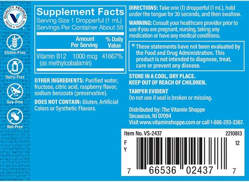 Vista 2 de The Vitamin Shoppe Liquid B12 Metilcobalamina 1000 MCG - Producción de energía Gotas de sabor a frambuesa 2 oz Absorción rápida