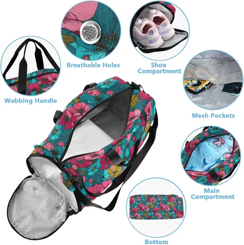 Vista 4 de Buttercup Turquoise Fuschia Line Drawing Gym Duffel Bag with Shoes Compartment Large Capacity Travel Duffel Bag for Beach Swim Bags Pool Sports