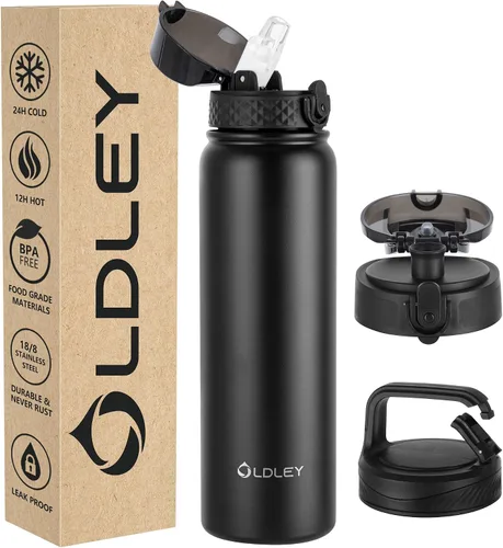 Vista 20 de Botella de agua aislada Oldley de 12 oz con pajita, botella de agua de acero inoxidable con 2 tapas, botellas de doble pared con vacío para adultos