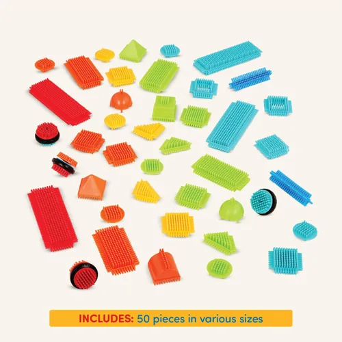 Vista 5 de Juego de bloques Battat Bristle Blocks de 113 piezas Interlocking blocks in bright colors and shapes with wheels for movable builds and easy