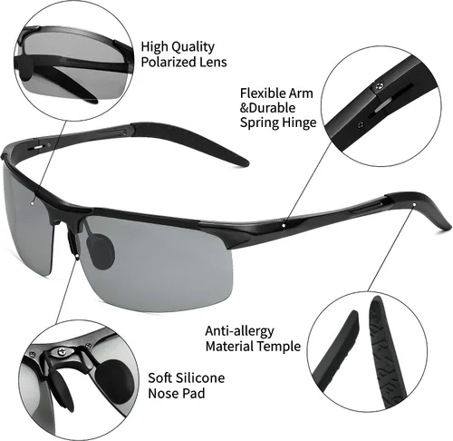 Vista 5 de Wzerry Lentes de sol polarizados fotocromáticos para hombres lentes de sol deportivos con marco de metal Al-Mg para conducir protección UV400