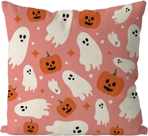 Vista 10 de GAGEC Fundas de almohada de Halloween de 12 x 20 pulgadas, funda de almohada de lino con calabazas fantasmas, fundas de almohada de lino