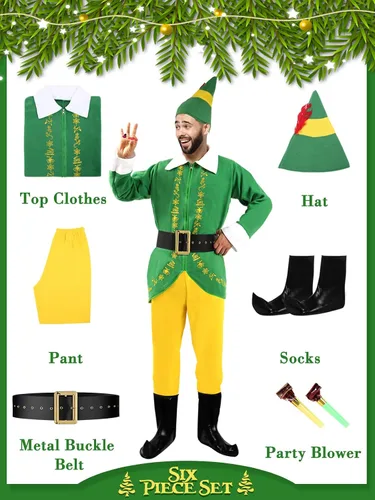 Vista 7 de Disfraz de elfo para hombre disfraz de amigo para Halloween Navidad cosplay conjunto completo de disfraces de fantasía trajes de fiesta verdes