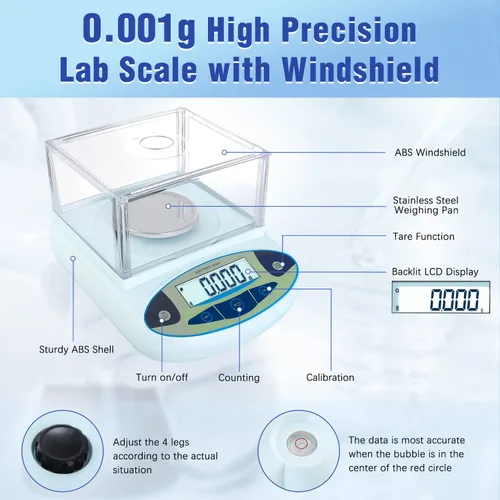 Vista 2 de FOUR E'S SCIENTIFIC Balanza de Laboratorio 300g x 0.001g de Precisión - Balanza Analítica de Laboratorio de Alta Precisión con Parabrisas Digital