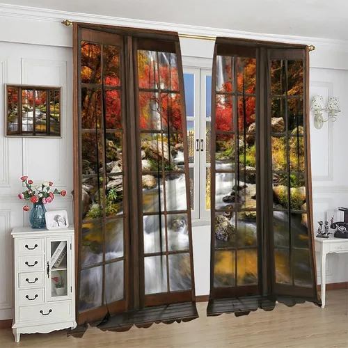 Vista 339 de Cortinas de paisaje, ventana 3D, primavera, bosque, vida silvestre, paisajes de naturaleza, dormitorio, sala de estar, cortinas térmicas opacas de 2