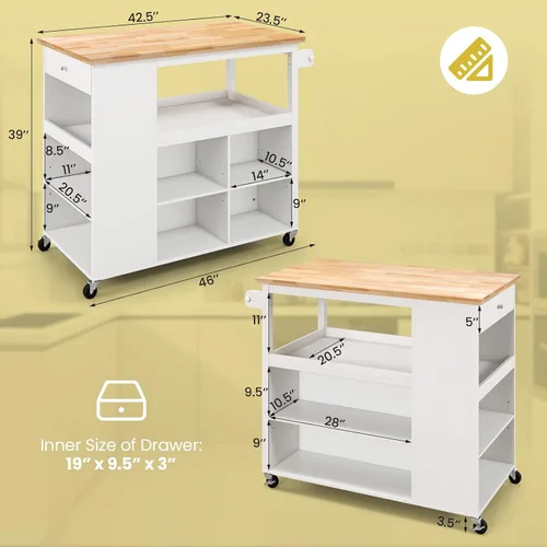 Vista 8 de Giantex Carrito de isla de cocina con ruedas, mesa de isla rodante con parte superior de madera de caucho, cajón, estante para especias de 3