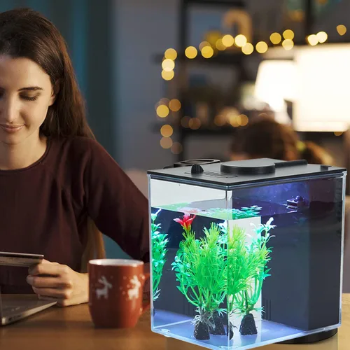 Vista 4 de Mini pecera Betta Aquarium Starter Kits Multifuncional Escritorio con botón de interruptor LED Kit de acuario blanco, 1 galón (negro)