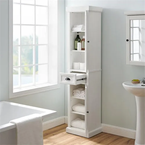 Vista 10 de Crosley Furniture Seaside - Armario de almacenamiento alto de lino y organizador de baño con cajón y estantes, color blanco envejecido