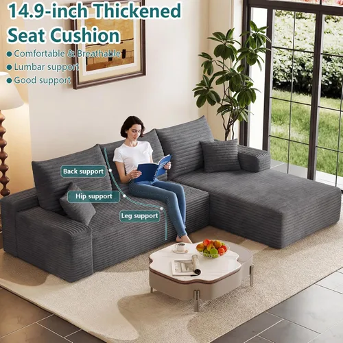 Vista 4 de Sofá modular de 95 pulgadas, sofá de nube en forma de L sin hueso con diván, asiento profundo tapizado de pana de espuma viscoelástica, no requiere