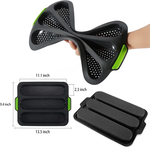 Vista 10 de Molde de silicona para baguette antiadherente, 3 ondas, pan francés para hornear (gris B)