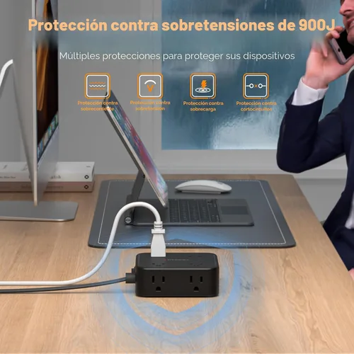 Vista 6 de TESSAN Cable de extensión de enchufe plano de 10 pies con múltiples tomas, regleta protectora de sobretensiones con 3 USB (1 USB C) 8 tomas, Negro