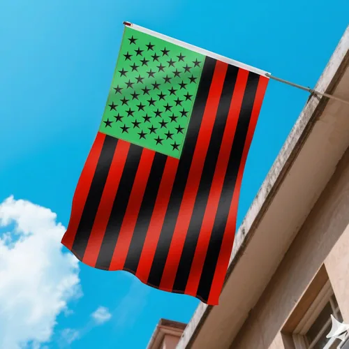 Vista 4 de Bandera de Liberación Africana 3x5 pies resistente para exterior, bandera Pan-Africana Afro-Americana doble cara de 210D, franjas rojas, negras