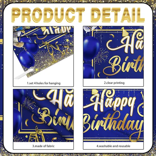 Vista 2 de AIBIIN Telón de Fondo de Feliz Cumpleaños Dorado y Azul Fondo de Fotografía Globo Azul Decoraciones de Fiesta de Cumpleaños Pancarta Accesorios