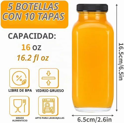 Vista 2 de CUCUMI 5 botellas de jugo de vidrio de 16 onzas con tapas, recipientes reutilizables para jugo, tarros de agua con cepillo, popotes de vidrio, tapas