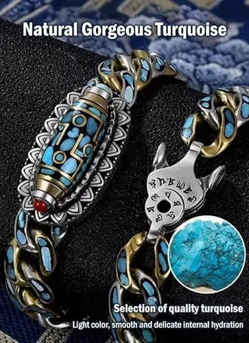 Vista 4 de UBALDI Turquesa Seis caracteres Mantra Nueve Ojos Dzi Bead Bracelet, Pulsera de cuentas de mantra de seis caracteres, Transferencia