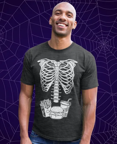 Vista 3 de Divertidos disfraces de maternidad de Halloween para parejas, juego de camiseta a juego con diseño de hamburguesa y patatas fritas