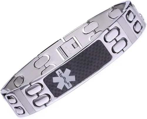 Vista 9 de LinnaLove Personalized Medical Alert Bracelet for Men-Free Engraving Black Carbon Fiber Style Medic ID Bracelet for Allergy Diabetic Epilepsy