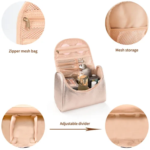 Vista 5 de Elegante estuche de maquillaje y aseo de viaje para mujer; estuche organizador de brochas y maquillaje de gran capacidad y hecho de cuero vegano