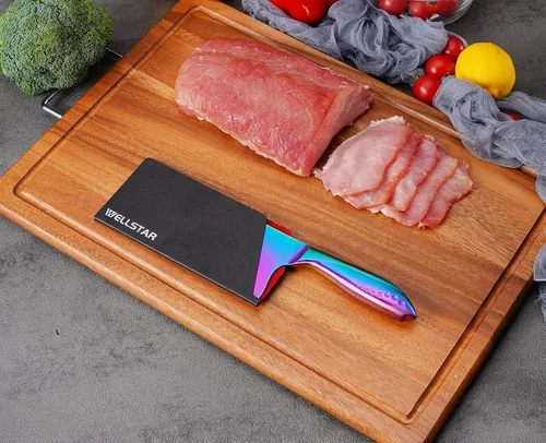 Vista 8 de WELLSTAR Cuchillo de carnicero y protector de hoja de arcoíris, cuchillo de carnicero chino iridiscente de 7 pulgadas, cuchillo de cocina alemán