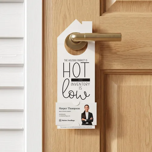 Vista 4 de Real Estate Door Hangers for Agents, The Housing Market Is Hot and Inventory Is Low, 50 Pack with Business Card Slot, 100lb Cardstock, White, Market