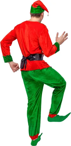 Vista 3 de flatwhite - Disfraz de elfo navideño rojo, verde (hombre)