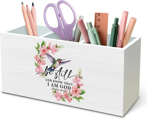 Vista 9 de DILSJ Hummingbird - Organizador de lápices inspirador para escritorio, regalos inspiradores para mujeres, citas motivacionales, caja de madera