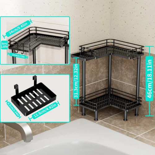 Vista 4 de HapiRm Organizador de ducha esquinero de pie, organizador de ducha de 2 niveles con soporte para jabón, organizador de pie de baño a prueba de óxido