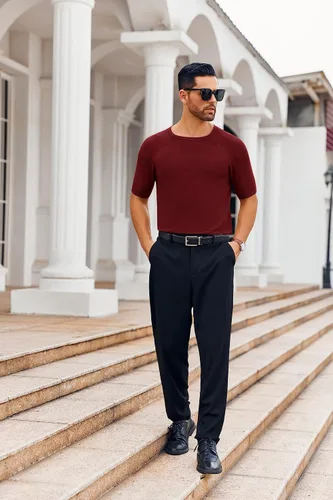 Vista 4 de Runcati Camiseta casual para hombre, elástica, de manga corta, de punto, ajustada, cuello redondo, suéter básico