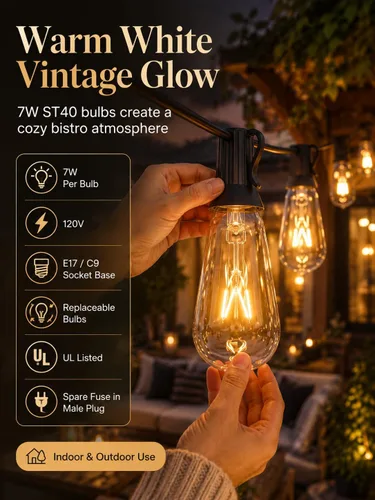 Vista 4 de Abeja Luces de Cadena para Exteriores de 20 Pies con 20 Bombillas Vintage (2 de Repuesto), Luces de Cadena ST40, Resistente al Agua, Certificación