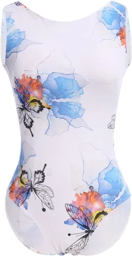 Vista 45 de AFAVOM Leotardos de ballet para mujeres adultas con estampado de flores de mariposa sin espalda, leotardos de gimnasia con brasier y prácticas