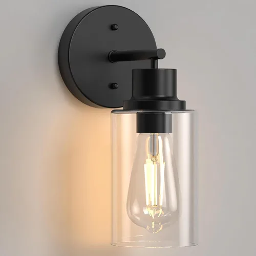 Vista 12 de Juego de 2 apliques de pared, lámparas de baño cableadas, iluminación de pared moderna para tocador de baño con pantalla de vidrio transparente