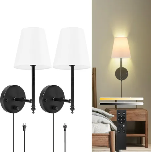 Vista 10 de Juego de dos apliques de pared regulables, apliques de pared enchufables con pantalla de tela blanca, lámpara de pared para dormitorio, sala