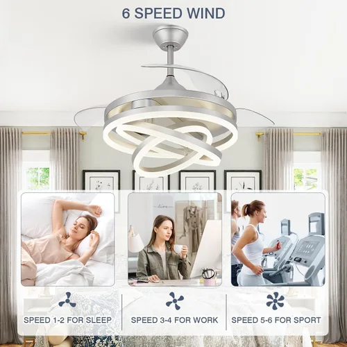 Vista 8 de FIDGRA Ventilador de techo retráctil de 42 pulgadas, ventiladores de techo con luces, motor de CC silencioso, 6 velocidades, 3 cambios