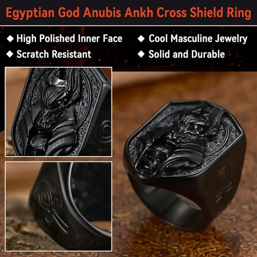 Vista 2 de FaithHeart Anubis - Anillos para hombres y mujeres, joyería de acero inoxidable resistente, anillo de amuleto de cruz Ankh, embalaje delicado, Acero