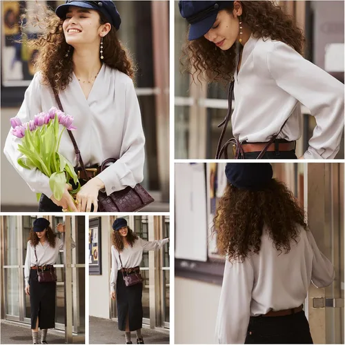 Vista 8 de Womens Mulberry Silk Blouse Elegant Tops Long Sleeve V-Neck Blouses Fall Fashion Summer Luxury Button Down Shirts