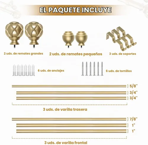 Vista 8 de KAMANINA Double Curtain Rod 36 to 72 Inch, Adjustable Dual Rods, Warm Gold Oro cálido