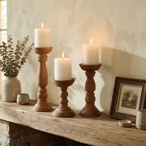 Vista 7 de Portavelas de Madera Estilo Granja para Velas de Pilar Juego de 3, Portavelas de Madera Rústica Decoración de Centro de Mesa, 12'' 9'' 6'' Soporte
