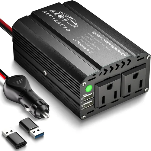 Vista 7 de Inversor de corriente de 300W para vehículos DC 12V a 110V AC Adaptador de enchufe de coche Convertidor de salida con 4.8A Dual USB y USB-C