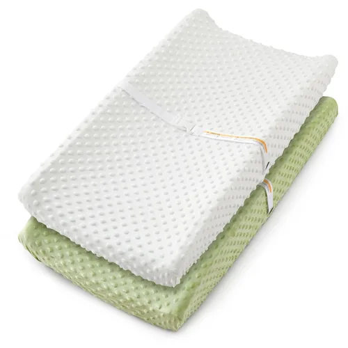 Vista 12 de Homiest Paquete de 2 fundas para cambiador, sábanas blancas y beige, tela de vellón ultra suave, tela de lunares minky, funda transpirable y cómoda