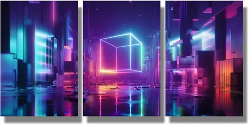 Vista 46 de Lienzo decorativo para pared, diseño de ciudad futurista Cyberpunk para sala de estar, impresión multipanel, obra de arte de cocina, pintura